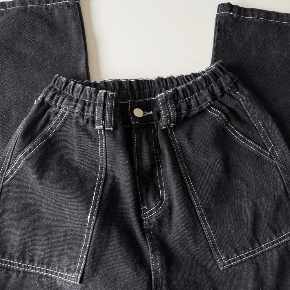 Women's Black Cargo Pants White Stitching Stretchy, Pockets Size‎ Small